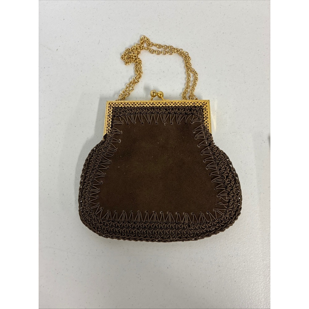 Mister Simon Ernest Brown Suede Woven Trim Evening Bag Gold Frame Made in Italy